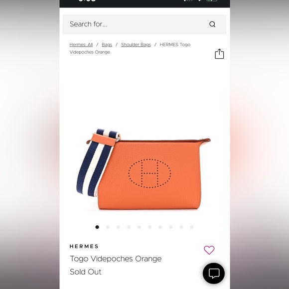 Hermes Vide Pouches Togo Calfskin purse. Orange with blue/white stripe strap - Picture 2 of 15